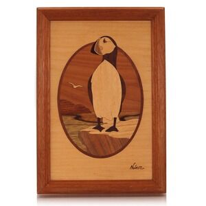 Nelson Hudson River Inlay Wood Art Puffin Marquetry Coastal Framed 6.5x9.5